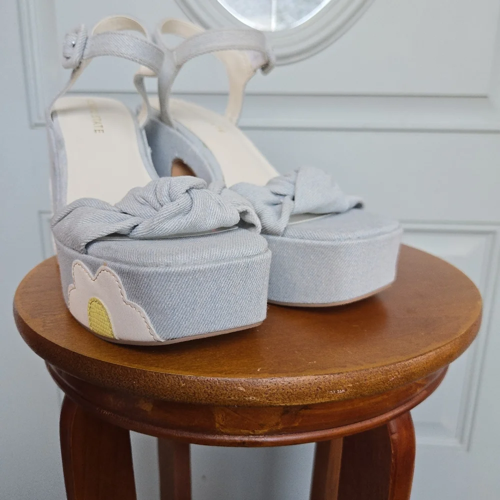 Light Blue Denim Platform Sandals with Yellow Daisy Accent